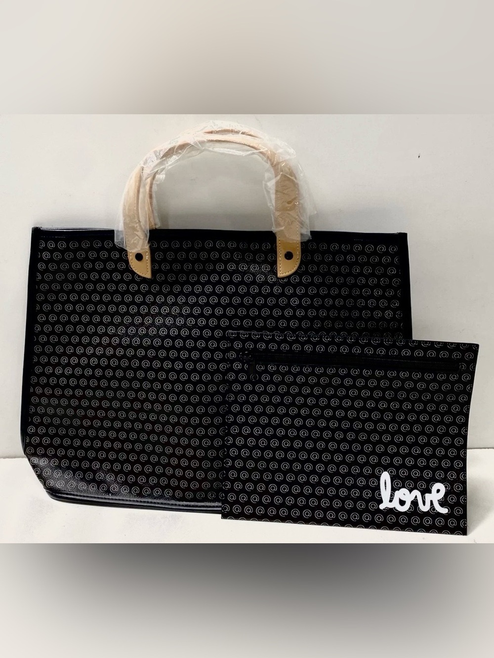 Black Tote & Matching Pouch Set, White Swirl Pattern & Love Accent on Pouch NWOT